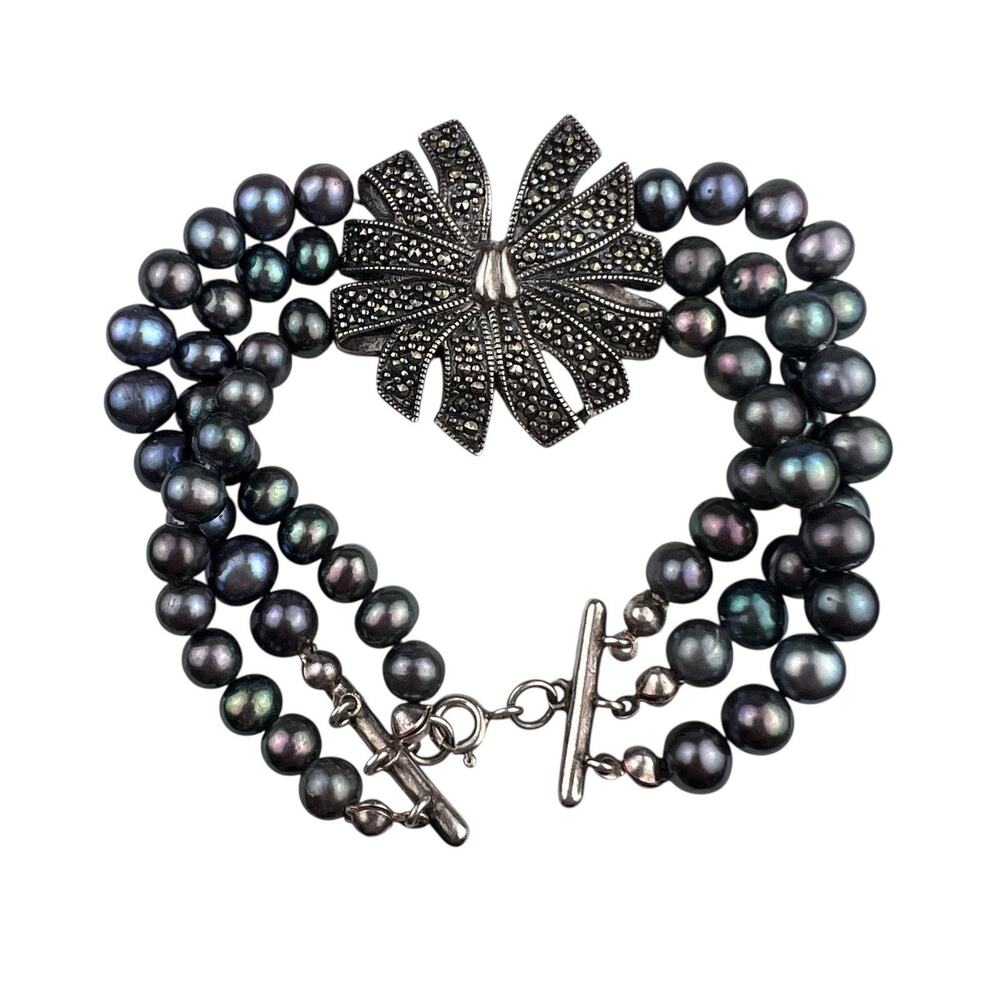 Marcasite Flower Real Pearl Triple Strand Sterling Silver Bracelet Thailand 7.5"